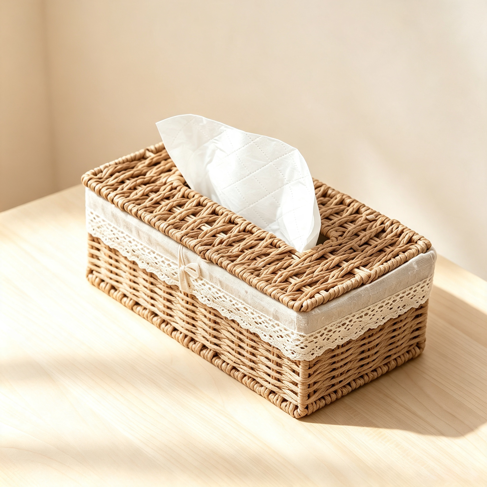 Faux Rattan Tissue Box with Fabric Lining