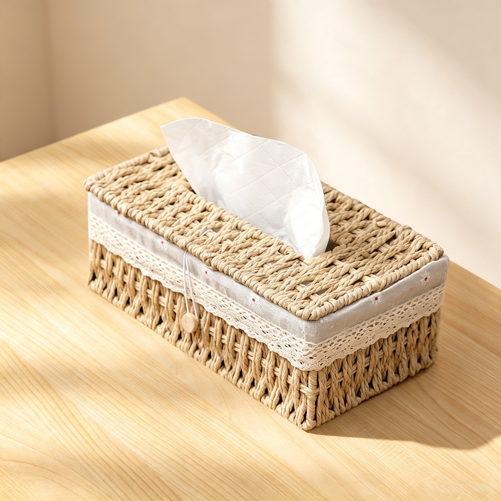Faux Rattan Tissue Box with Fabric Lining