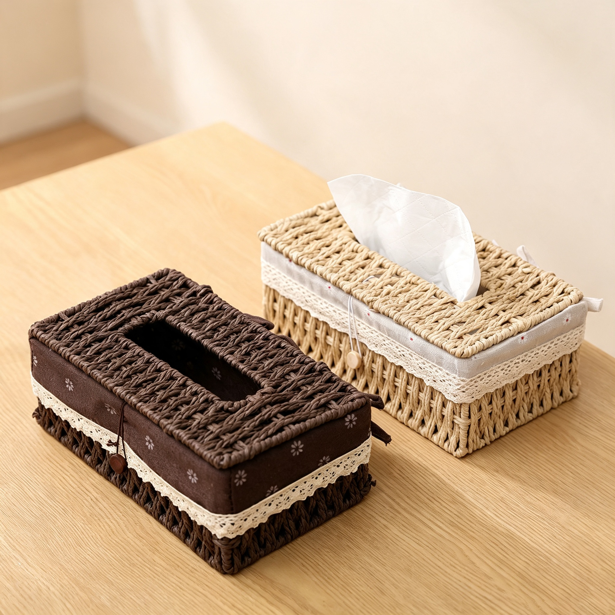 Faux Rattan Tissue Box with Fabric Lining